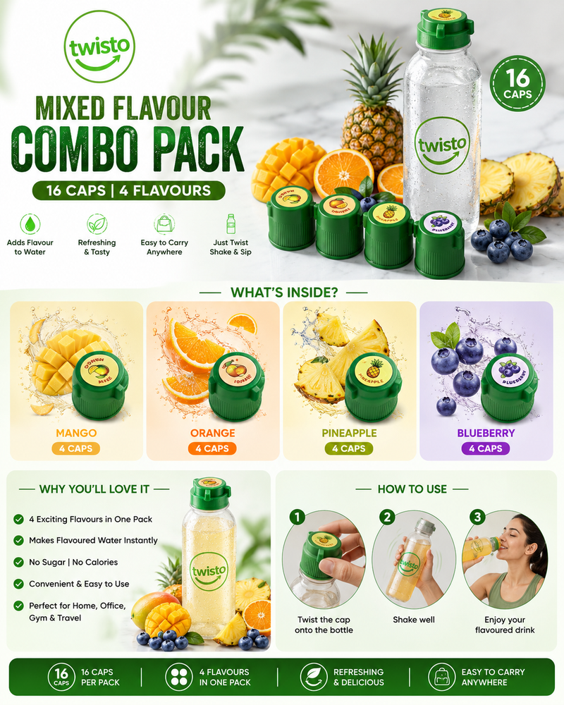 Twisto Mixed Flavour Electrolyte Cap | Mango, Orange, Pineapple & Blueberry | Instant Hydration